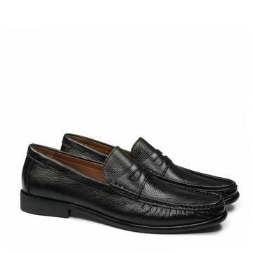 Black Textured Hand Stitched Leather Moccasins