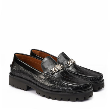 Black Deep Cut Croco Chunky Sole Loafers with 3D Gunmetal Chain Lion Logo