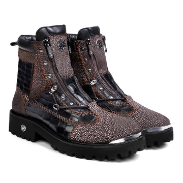 Thick Stitch Brown Exotic StingRay & Croco Chunky Metal Plate Boots