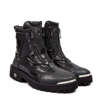 Thick Stitch Black Exotic StingRay & Croco Chunky Metal Plate Boots
