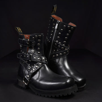 Rugged Black Leather Stud Boots with Buckle Closure