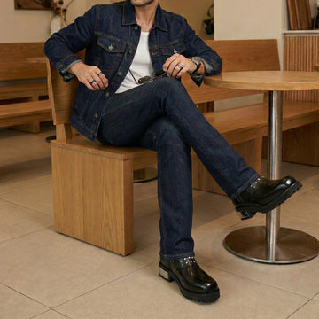 Handcrafted Black Leather Boots with Studded Upper & Metal Heel Plate