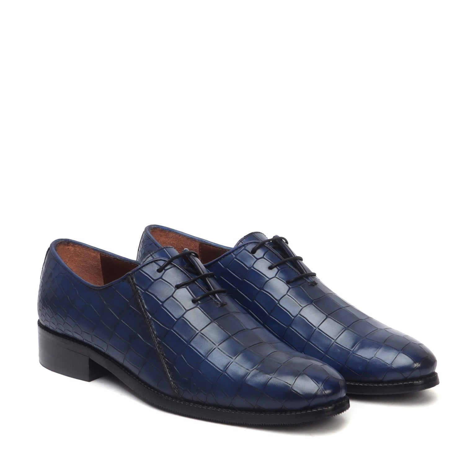 Blue Merged Look Croco Leather Oxfords Lace Up Formal Shoes For Men by Brune & Bareskin