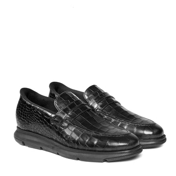 Hands-Free Smokey Black Croco Embossed Leather Slip-In Loafers
