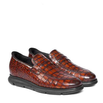 Hands-Free Smokey Tan Croco Embossed Leather Slip-In Loafers