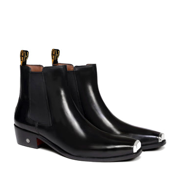 Black Leather Metal Snoot Toe Cuban Chelsea Boots