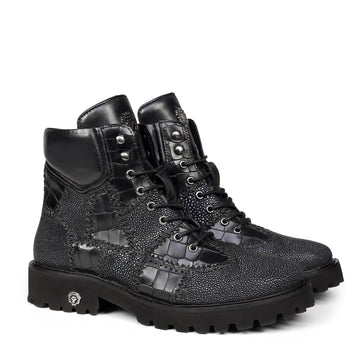 Thick Hand Stitched Black Exotic Stingray & Croco Chunky Laces Boots