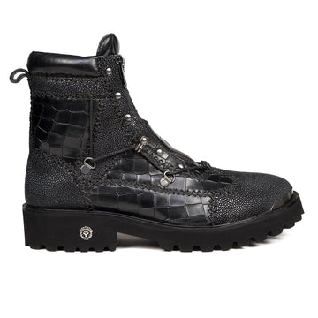 Thick Hand Stitched Black Exotic Stingray & Croco Chunky Laces Boots