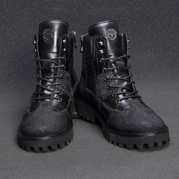 Thick Hand Stitched Black Exotic Stingray & Croco Chunky Laces Boots