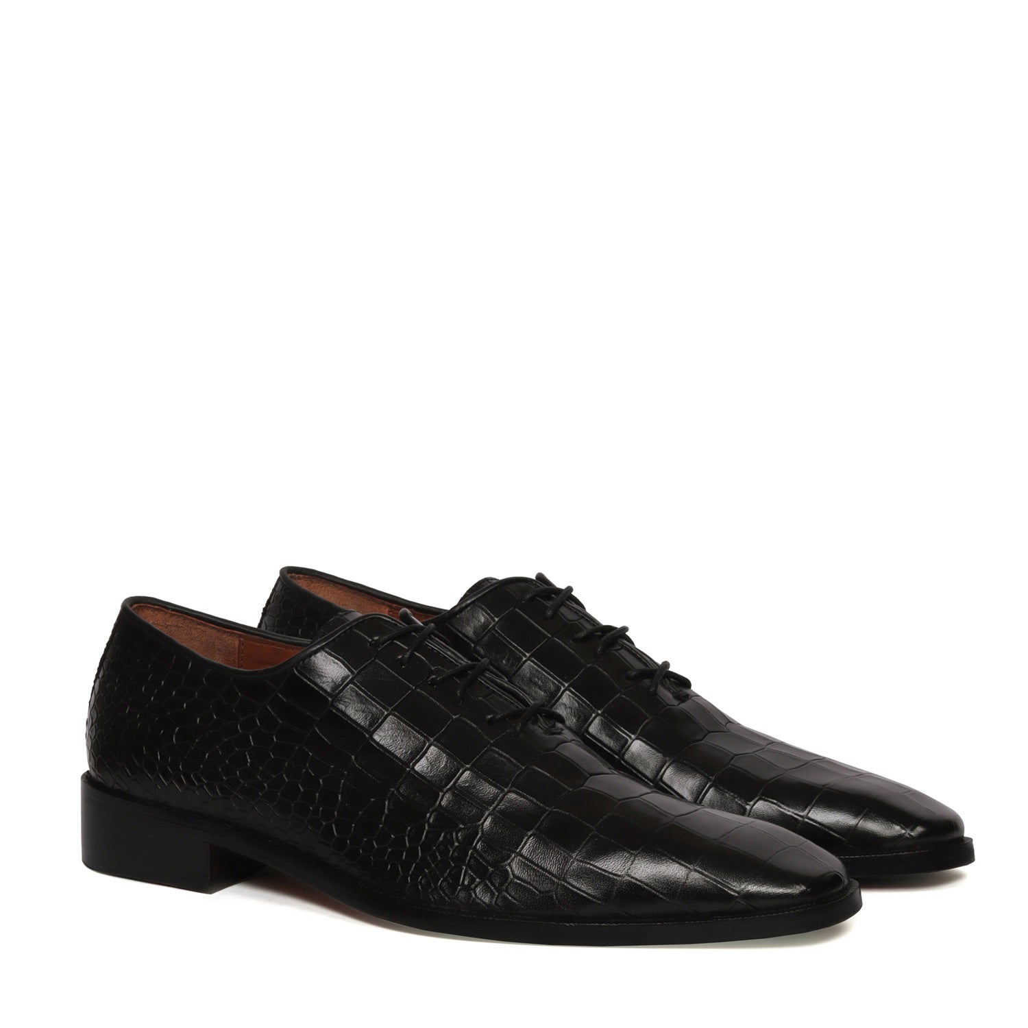 Black Slant Toe Oxford Shoes with Full Croco Textured Leather (Designed For T-20 Wolrd cup 2023 Team India )