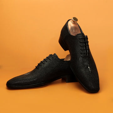 Black Oxfords Lace-Up Formal Shoes in Exotic Stingray Fish Leather