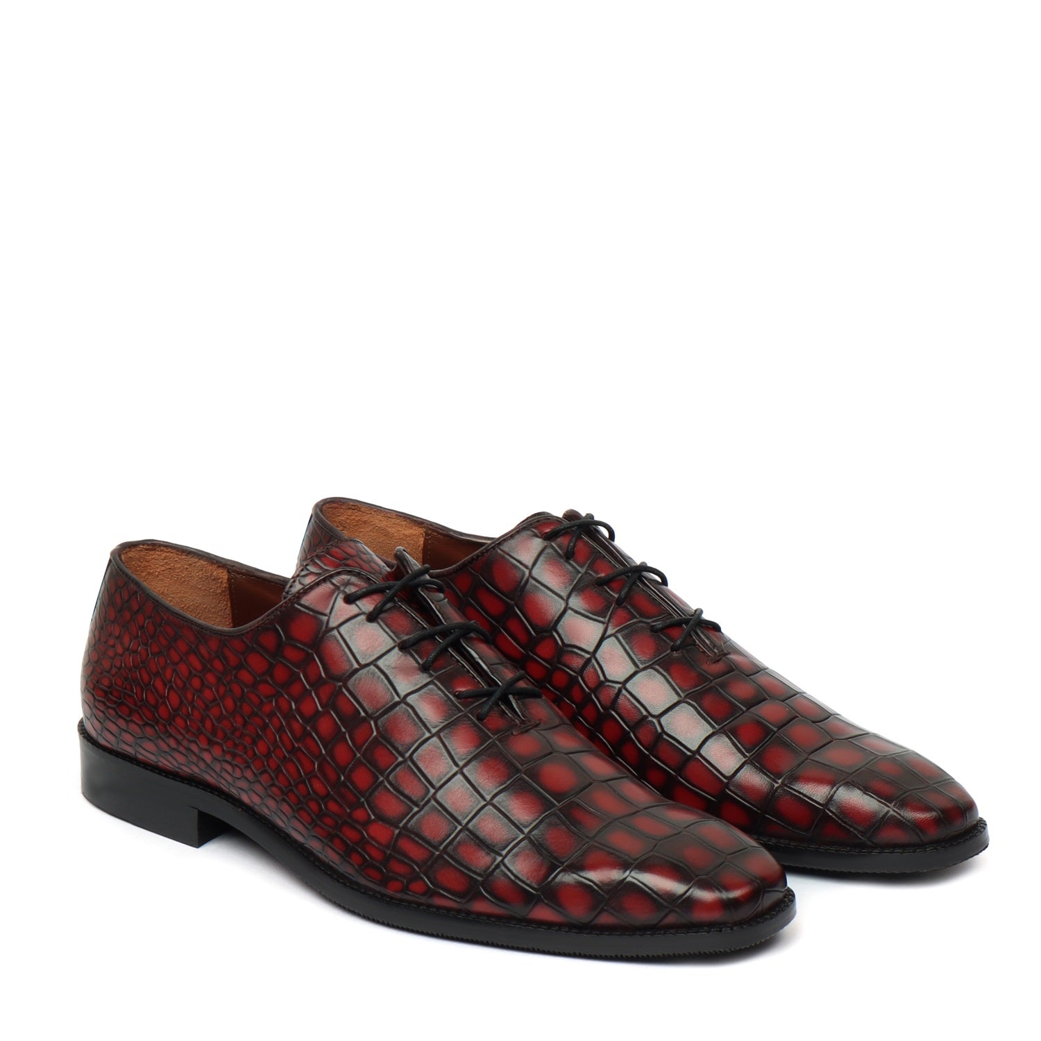 Men's Wine Slant Toe Oxford Shoe with Full Deep Cut Croco Leather