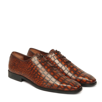 Smokey Tan Oxford Lace-Up Shoes with Full Deep Cut Croco Textured Leather