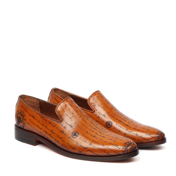 Tan Darker Leather Slip-On's Shoe with Contrasting Full laser
