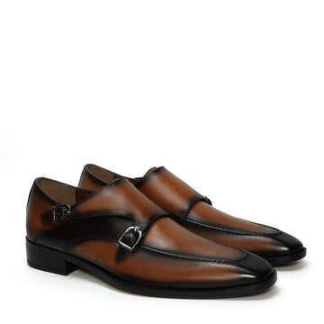 Dual Tone Slim Fit Double Monk Italian Cap Toe Formal Shoes For Men By Brune & Bareskin