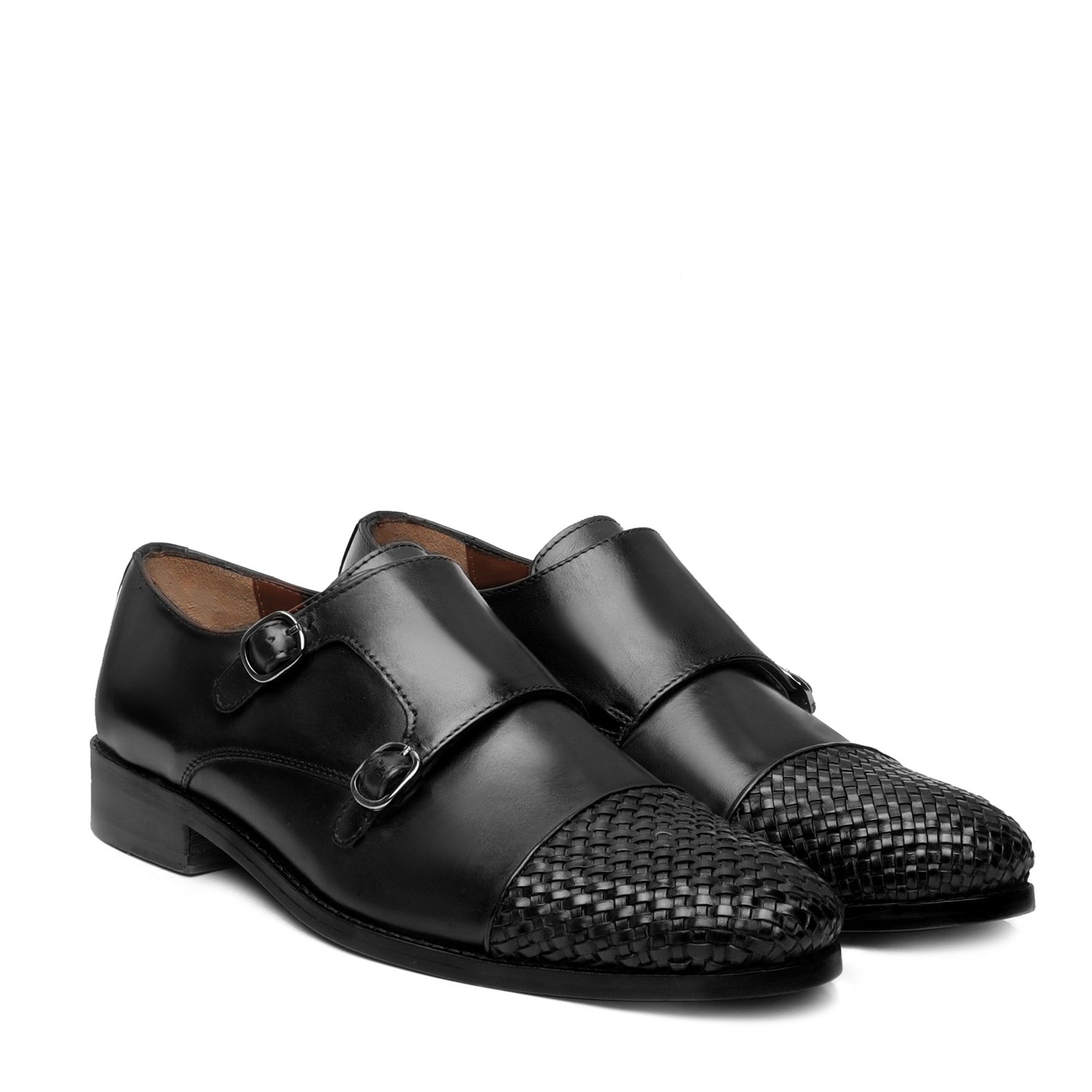 Black Contrasting Cap Toe Leather Woven Detailed Double Monk With Leather Sole Shoes By Brune & Bareskin