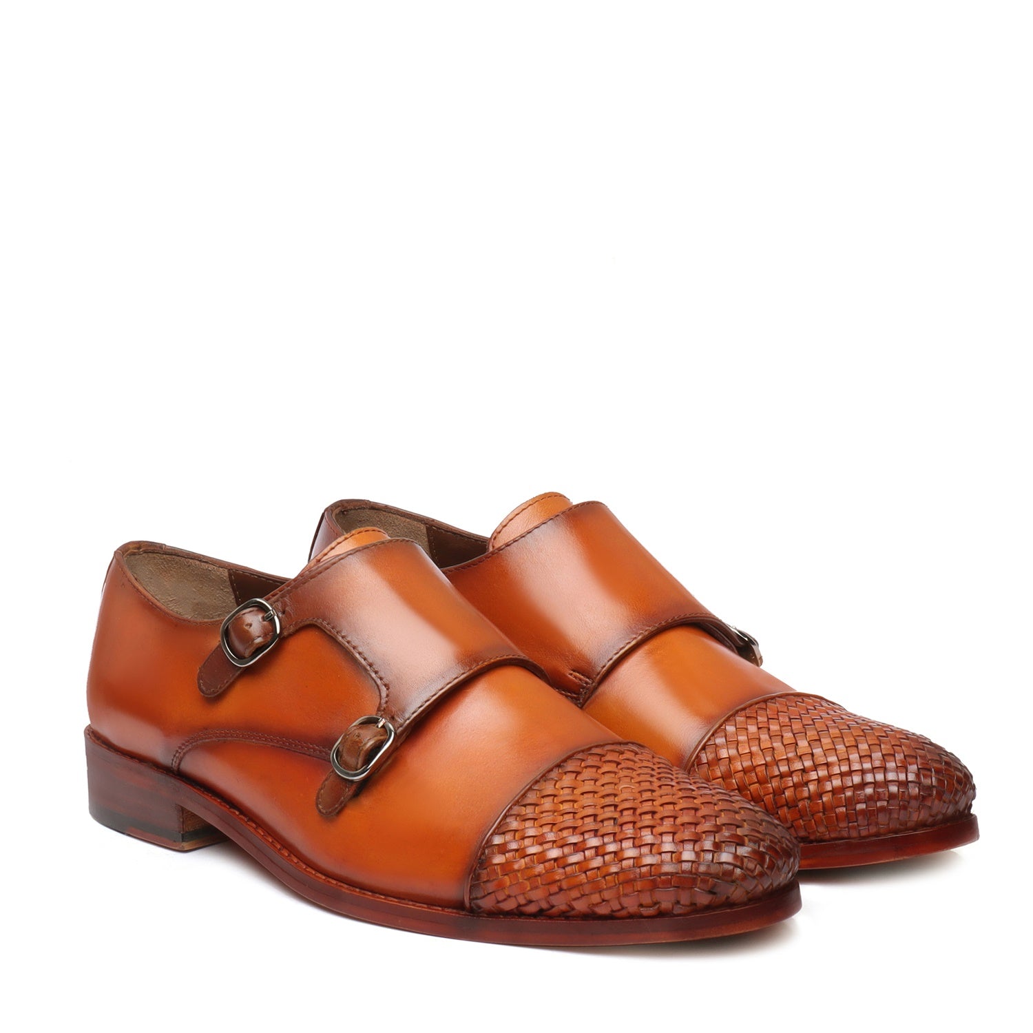 Tan Contrasting Cap Toe Leather Woven Detailed Double Monk With Leather Sole Shoes By Brune & Bareskin