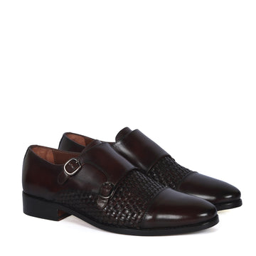 Double Monk Leather Shoe in Dark Brown Leather Dual Shade Woven Detailed Vamp to Quarter By Brune & Bareskin