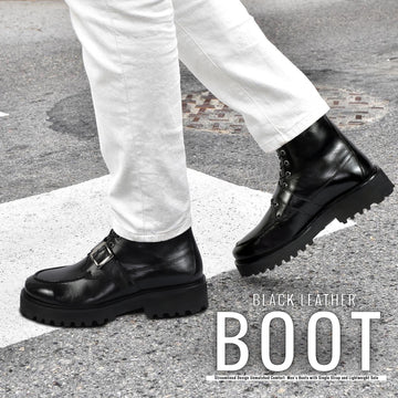 Burnished Dark Apron Toe Boot Ultra Light Weight Black Leather Lace-Up Buckle Straps by Brune & Bareskin