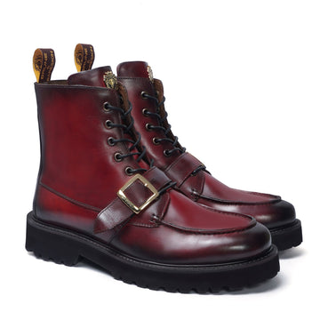 Burnished Dark Apron Toe Boot Ultra Light Weight Wine Leather Lace-Up Buckle Straps by Brune & Bareskin