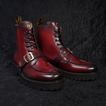 Wine Moc-Toe Leather Lace-Up Boot with Buckle Strap