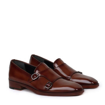 Sleek Apron Toe Double Monk Slip-On Shoes Dark Brown Patent Leather