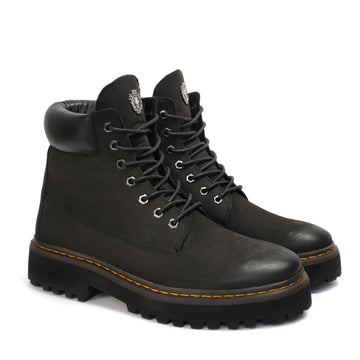 Light Weight Chunky Boot in Black Leather with Lace-Up Closure