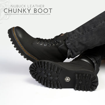 Light Weight Chunky Boot in Black Leather with Lace-Up Closure