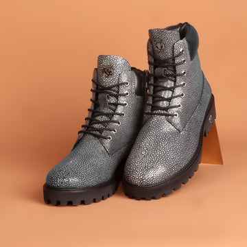 Grey Light Weight Chunky Boot in Sting Ray Leather with Lace-Up Closure