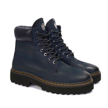 Light Weight Chunky Boot in Blue Leather with Lace-Up Closure