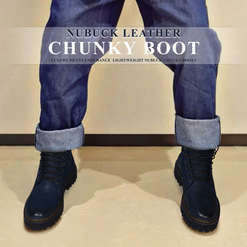 Light Weight Chunky Boot in Blue Leather with Lace-Up Closure