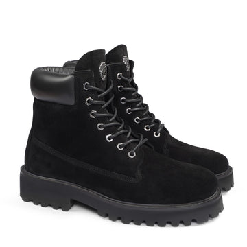Light Weight Chunky Boot in Black Suede Leather with Lace-Up Closure