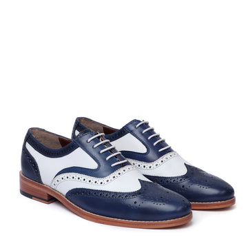 Men's Chic Dual Tone White Blue Genuine Leather Brogue Oxford Lace-up Shoes By Brune & Bareskin