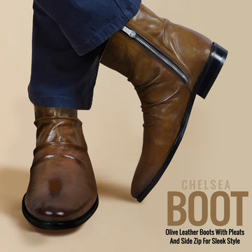 Olive Leather Pleated Lightweight Chelsea Boots by Brune & Bareskin