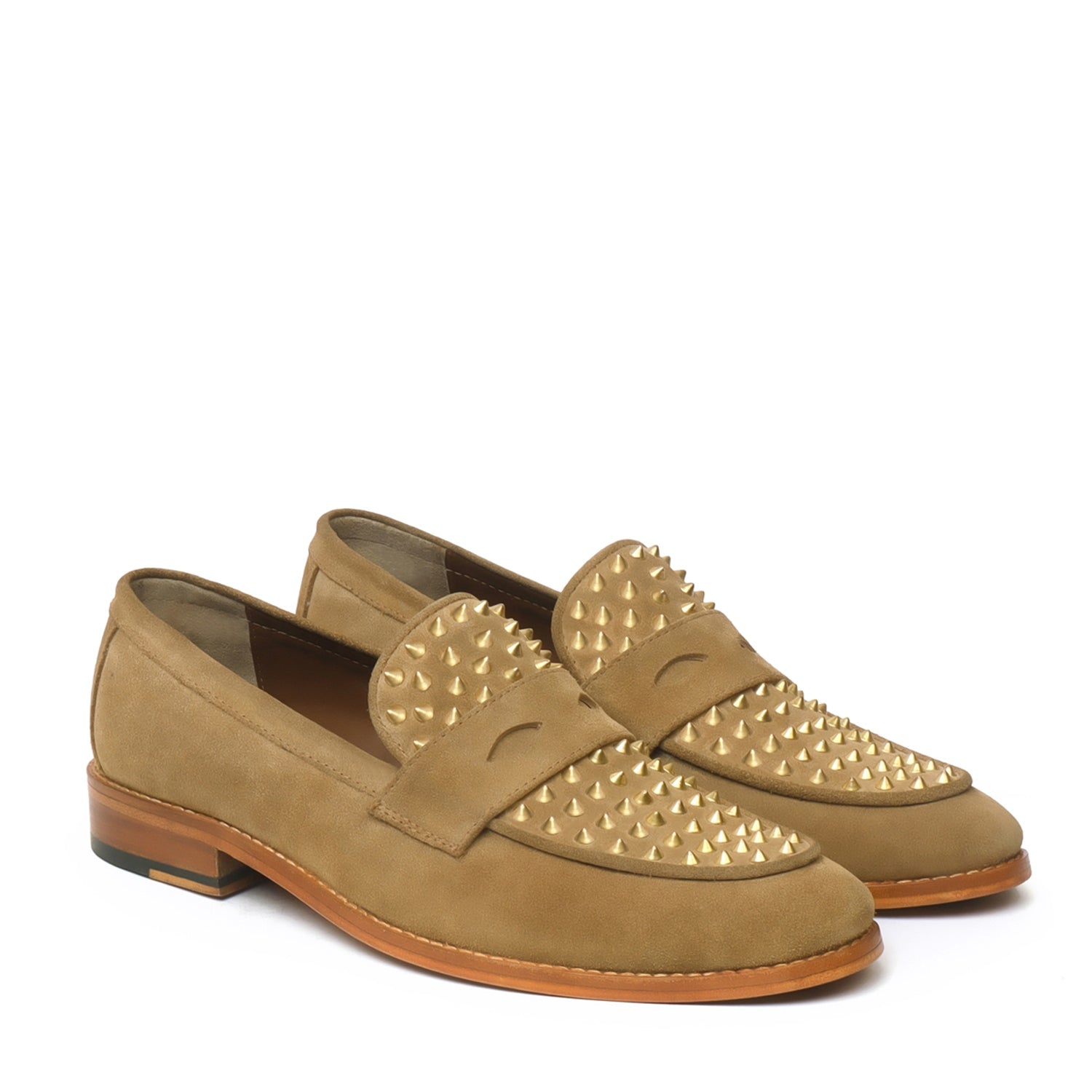 Camel Suede Leather Penny Loafers Studded Toe with Triangular Cut-Strap