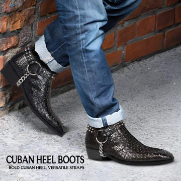Metal Studded Black Cuban Heel Boots with Strap in Deep Cut Leather