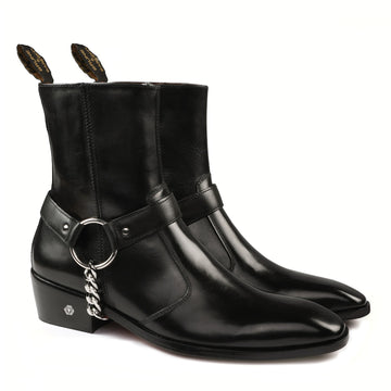 Hand Made Leather Boots Black High Ankle with Stylish Silver Chain by Brune & Bareskin