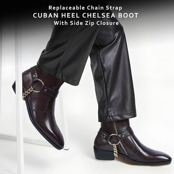 Dark Brown High Ankle Hand Made Side Zip Leather Boots With Golden Chain