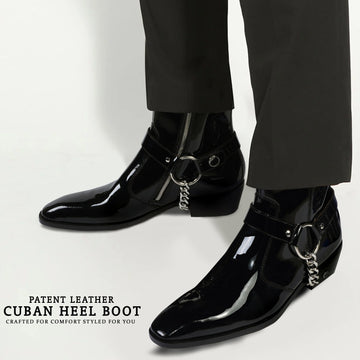 Removable/Adjustable Silver Chain Black Patent Formal Boots Cuban Heel Zipper Closure