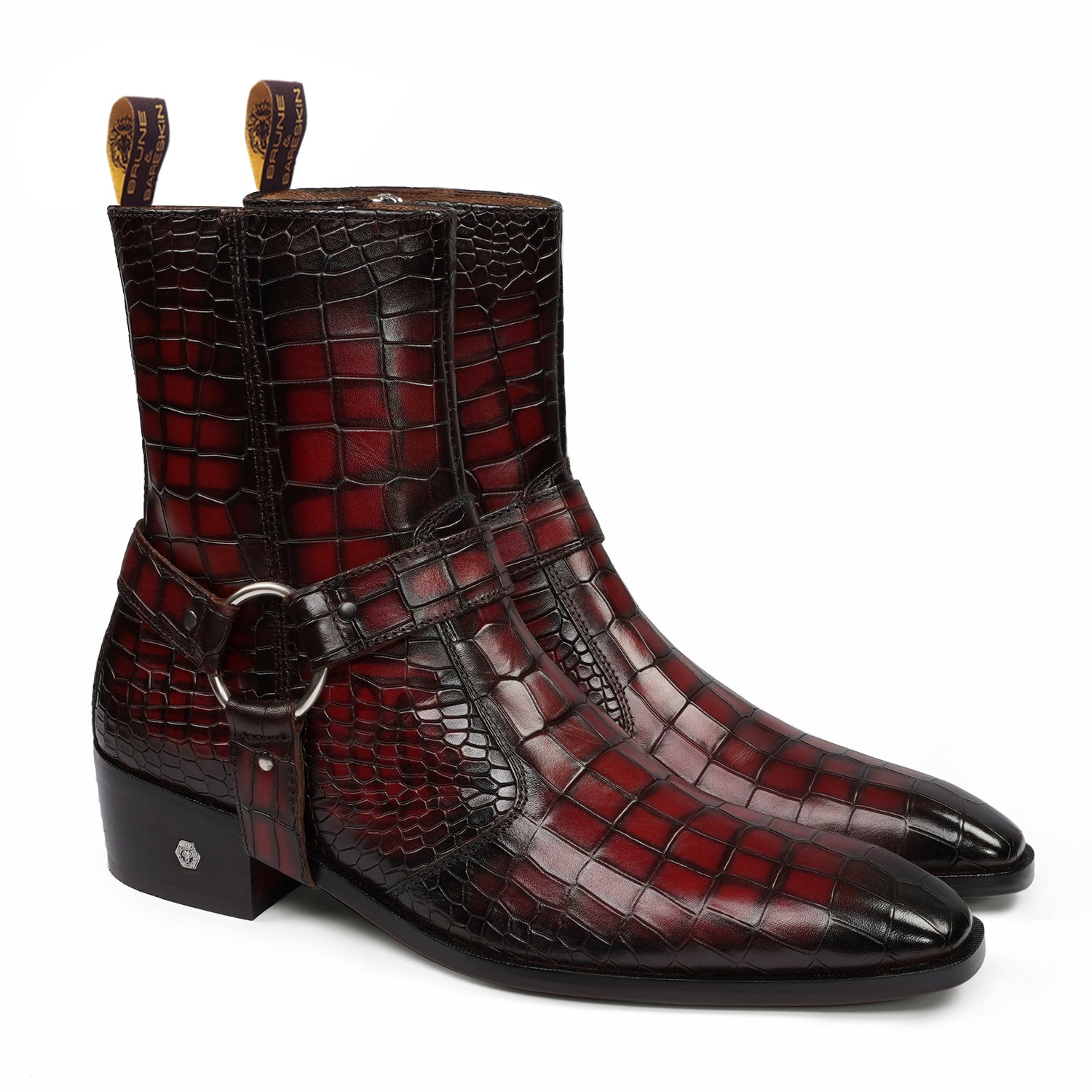 Removable/Adjustable Buckle Smokey Wine Perfect Cuban Heel Croco Textured Leather Boots