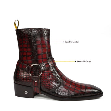 Removable/Adjustable Buckle Smokey Wine Perfect Cuban Heel Croco Textured Leather Boots