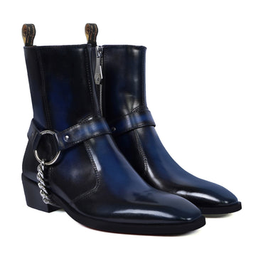 Burnished Blue Cuban Heel Boot with Removable Buckle