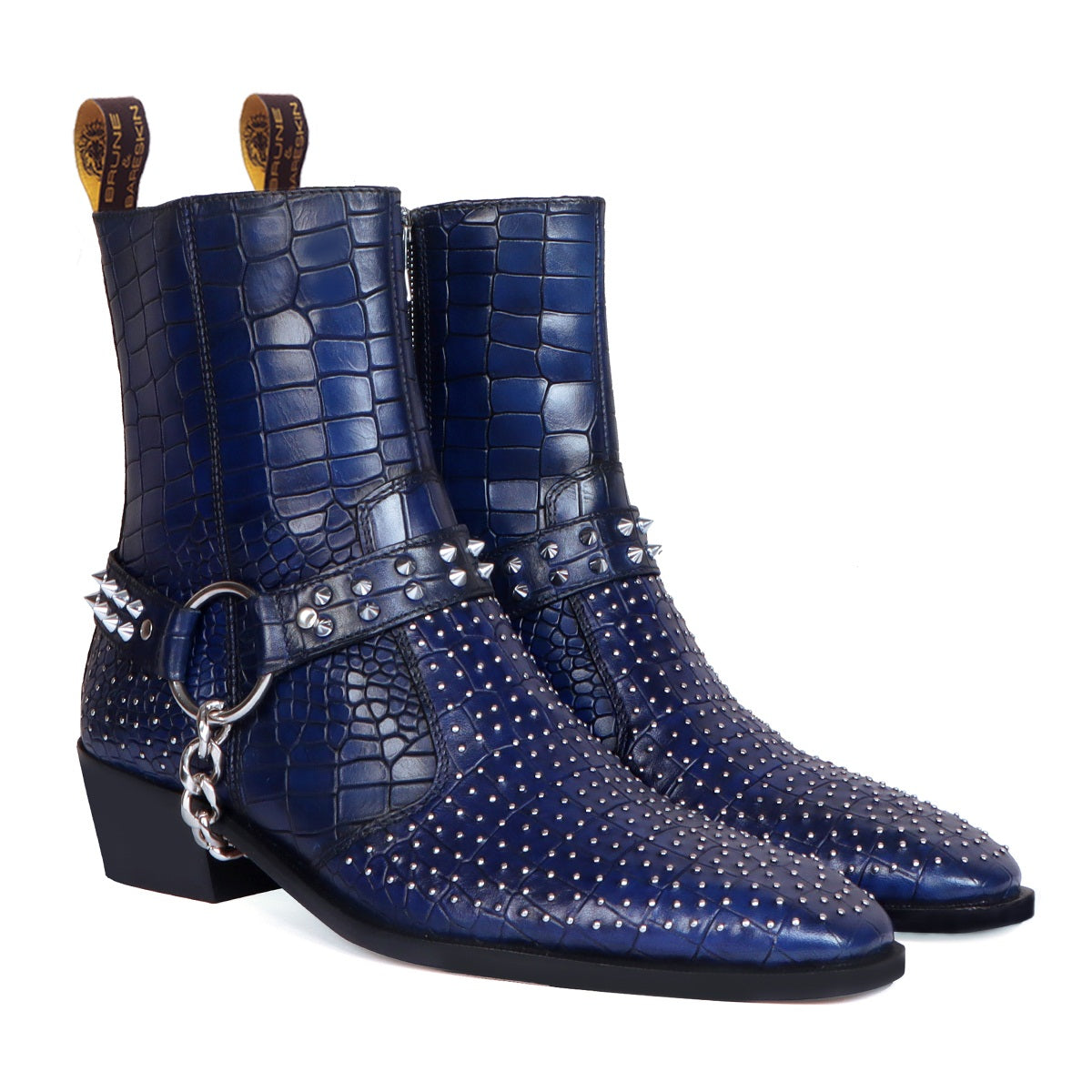 Blue Cuban Heel Boots with Metal Fleck & Silver Studded Buckle Strap in Deep Cut Leather