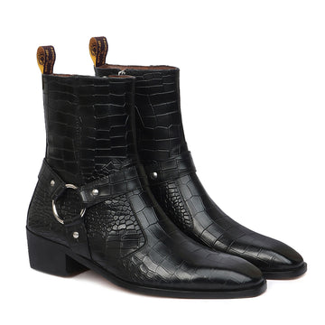 Black Cuban Heel Boots with Stylish Buckle Strap in Cut Croco Textured Leather