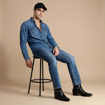 Black Deep Cut Leather Boots with Cuban Heel Metal Fleck & Silver Studded Buckle Strap By Brune & Bareskin