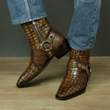 Fixed Strap Cuban Heel Boot in deep Cut Smokey Olive Leather