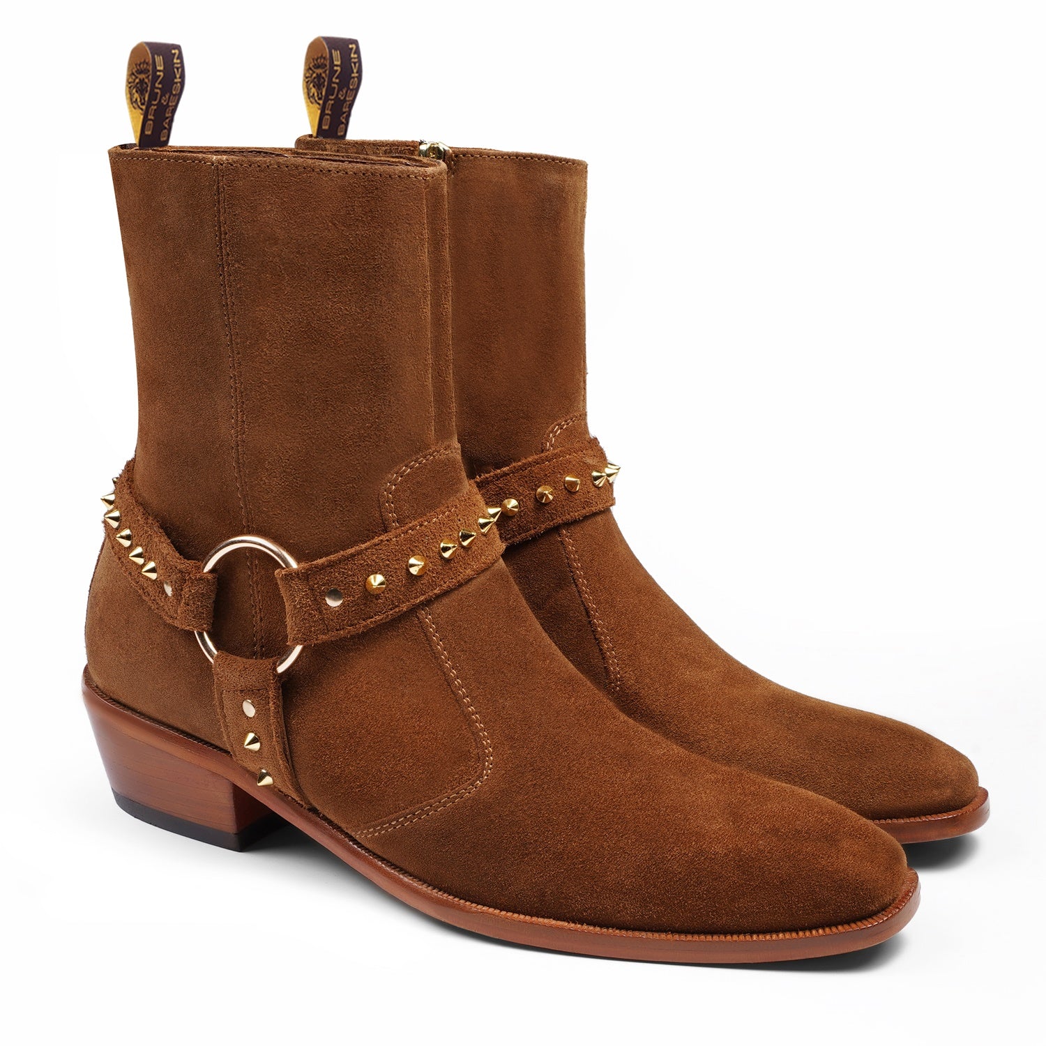 Brown Studded Boots in Suede Leather perfect Cuban heel Side Zipper by Brune & Bareskin