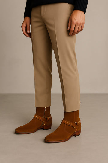 Brown Studded Boots in Suede Leather perfect Cuban heel Side Zipper by Brune & Bareskin