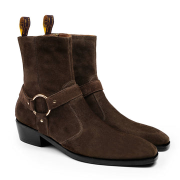 Dark Brown Cuban heel Boots Side Zip in Suede Leather