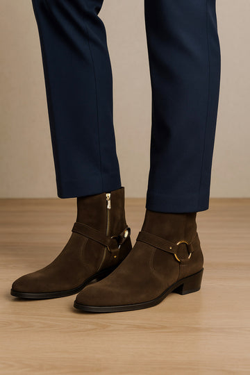 Dark Brown Cuban heel Boots Side Zip in Suede Leather